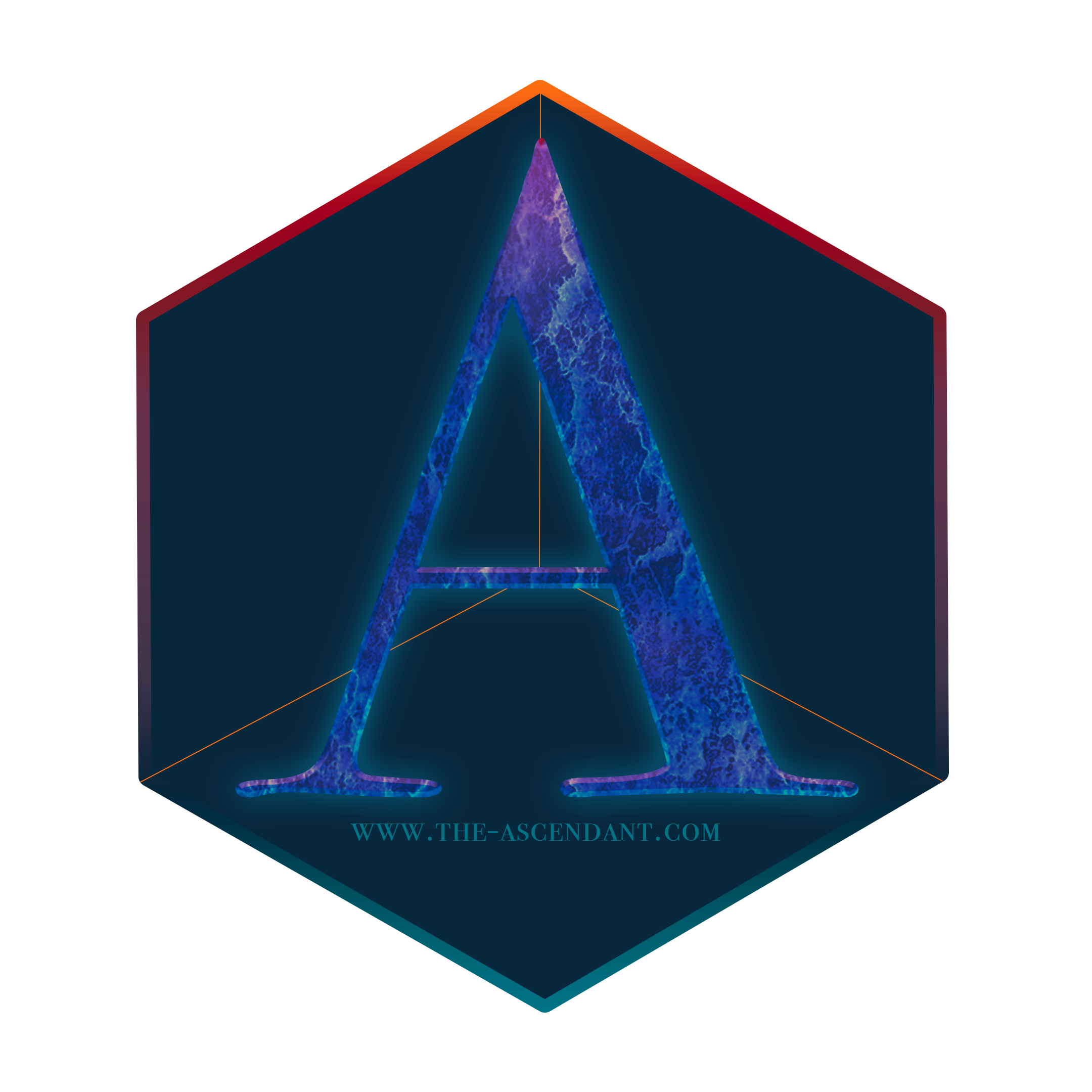 The Ascendant monogram logo - an A inside of a hexagon with cool blues at the bottom and warm oranges at the top